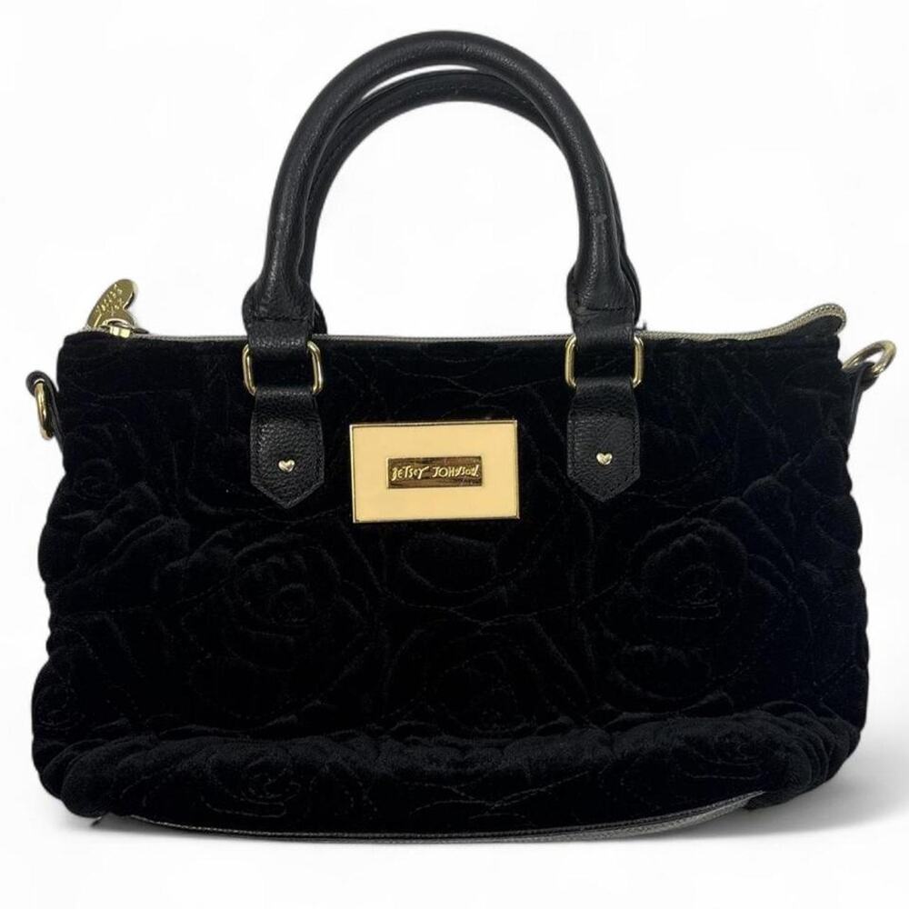 Betsey Johnson Women’s Black Quilted Rose Velvet Satchel Handbag